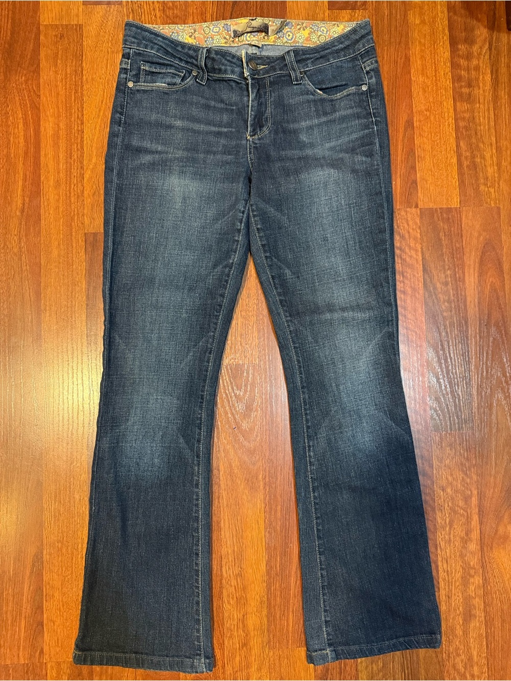 PAIGE Bell Canyon Vintage Floral Waistband Bootcut Jeans Size 28 Dark Wash boho